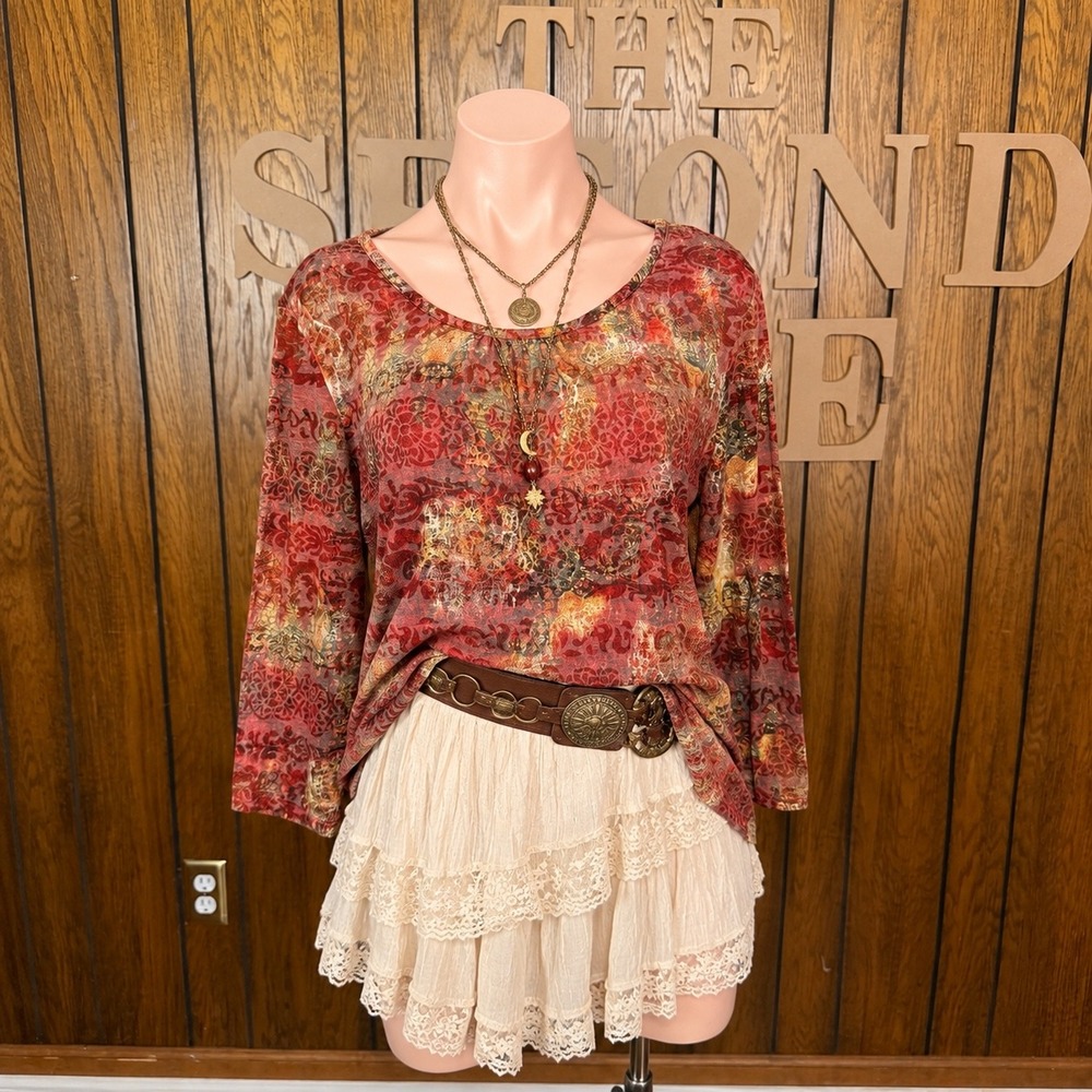 Red Abstract Boho Blouse Kim Rogers Women XL 3/4 Sleeve Whimsigoth Artsy Y2K Top
